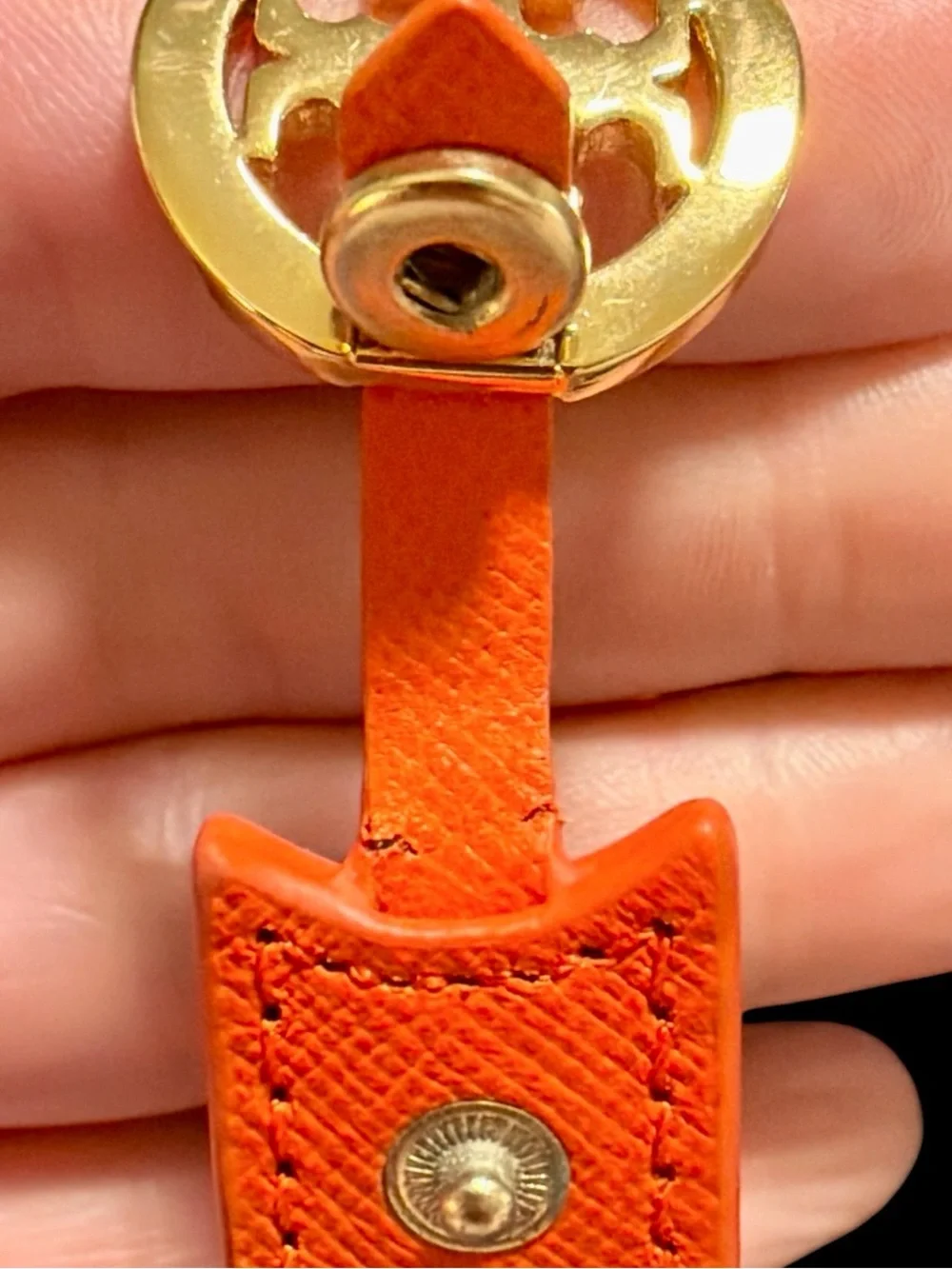 Tory Burch Orange Leather Gold Tone Logo Cuff Bracelet, with TB Jewelry Pouch